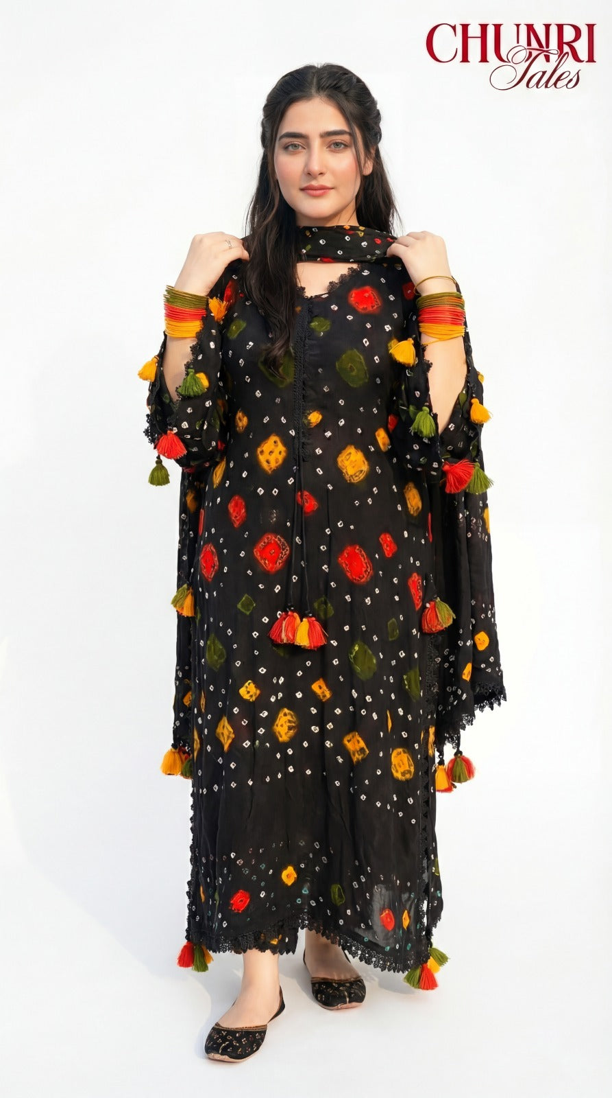 Black Soft Arabic Linen Chunri  3-Pc Dress