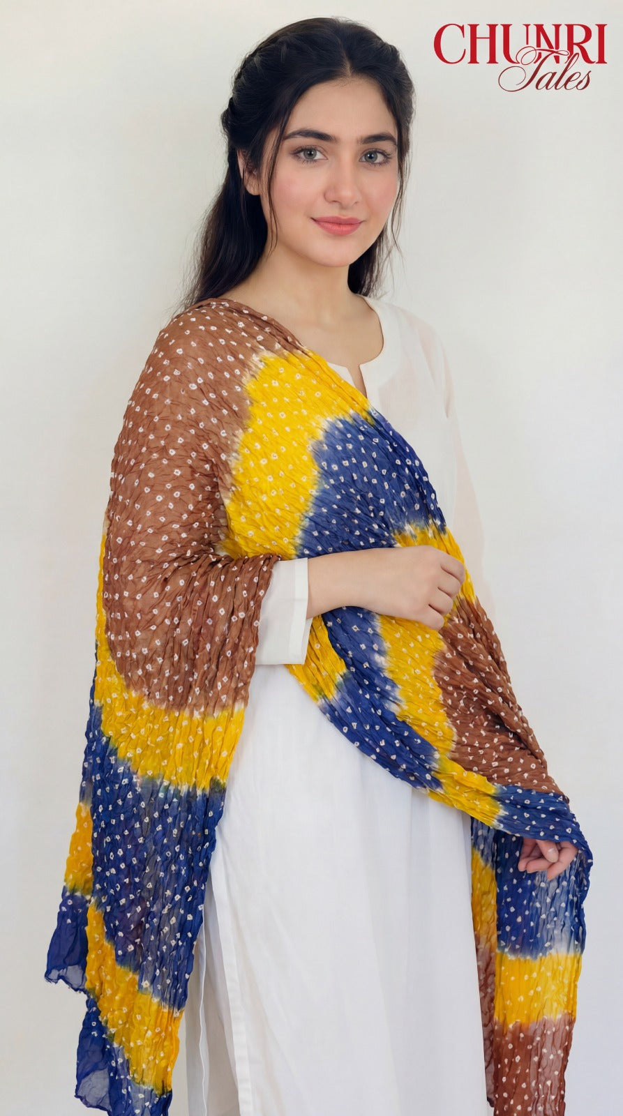 Yellow and Brown Bamper Chiffon Chunri Dupatta