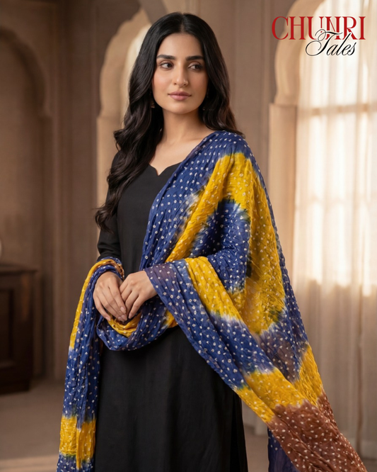 Yellow and Brown Bamper Chiffon Chunri Dupatta