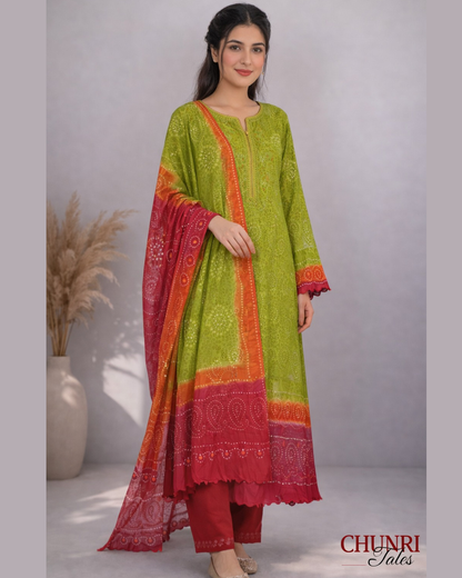 Parrot Green Bamper Chiffon 2 Piece Chunri Collection