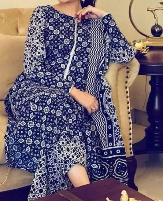 Blue Ajrak  3-Piece Suit Unstitched