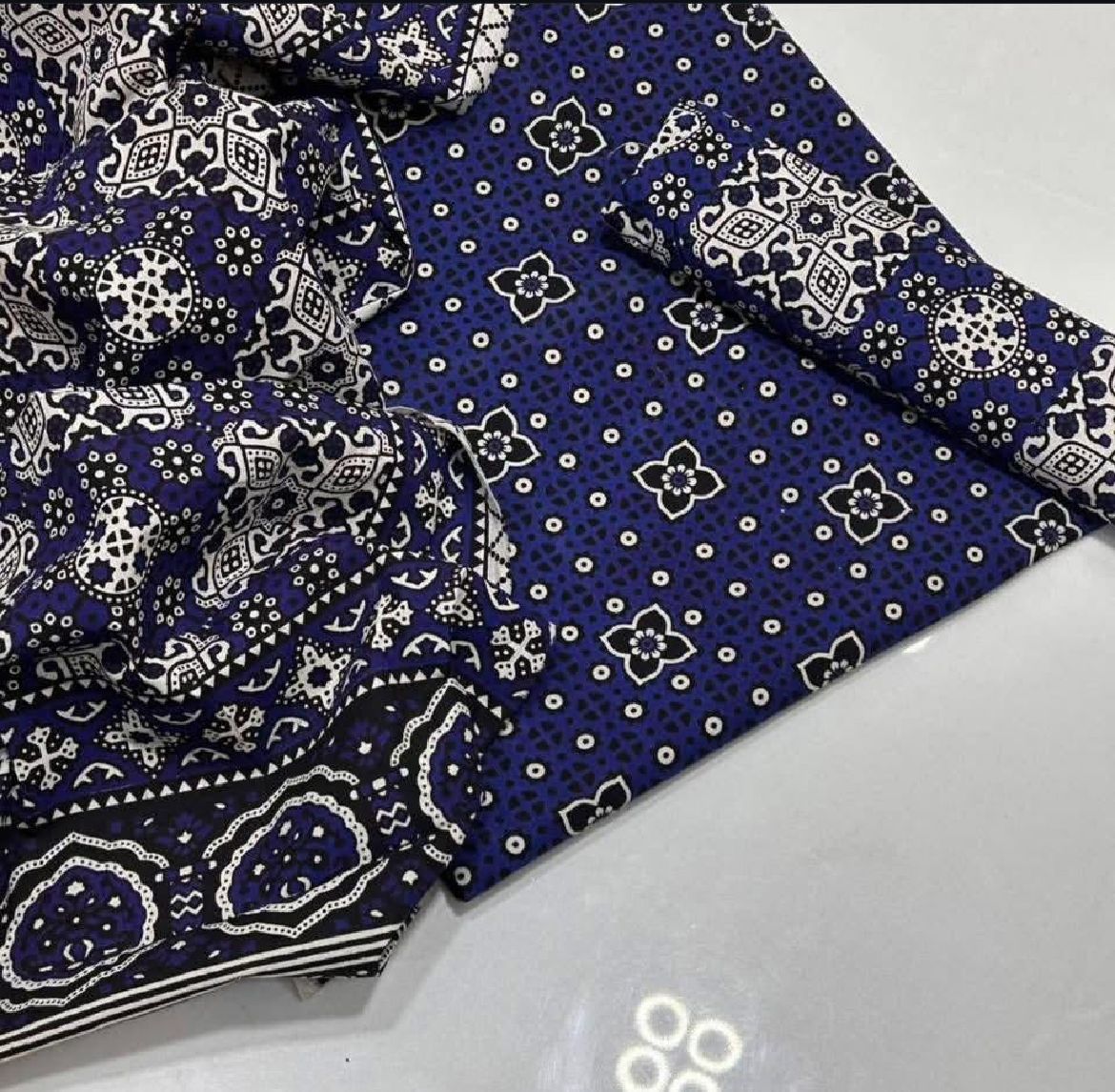 Blue Ajrak  3-Piece Suit Unstitched