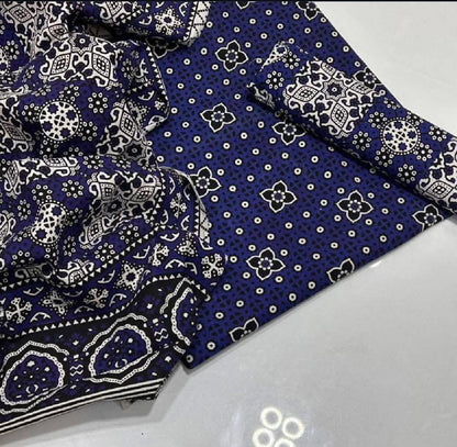 Blue Ajrak  3-Piece Suit Unstitched