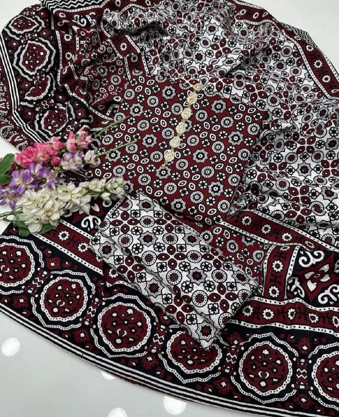 Red Ajrak  3-Piece Suit Unstitched