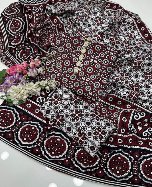 Red Ajrak  3-Piece Suit Unstitched