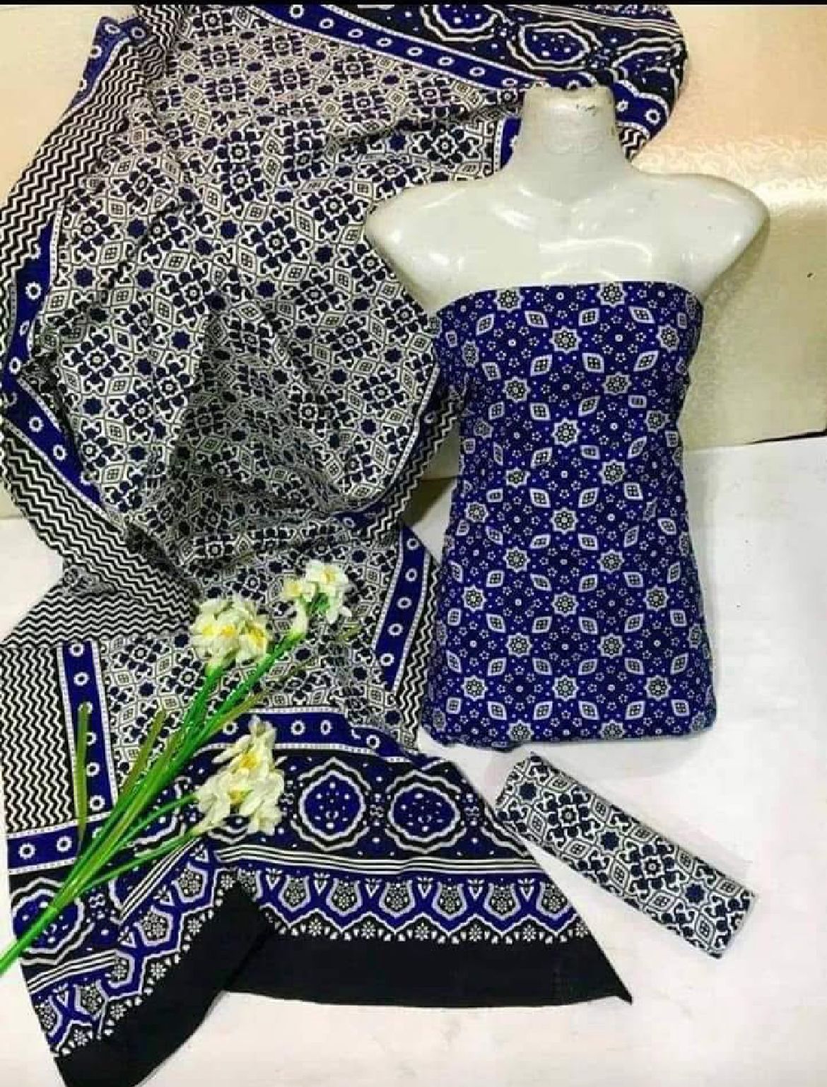 Blue Ajrak  3-Piece Suit Unstitched