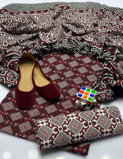 Red Ajrak  3-Piece Suit Unstitched