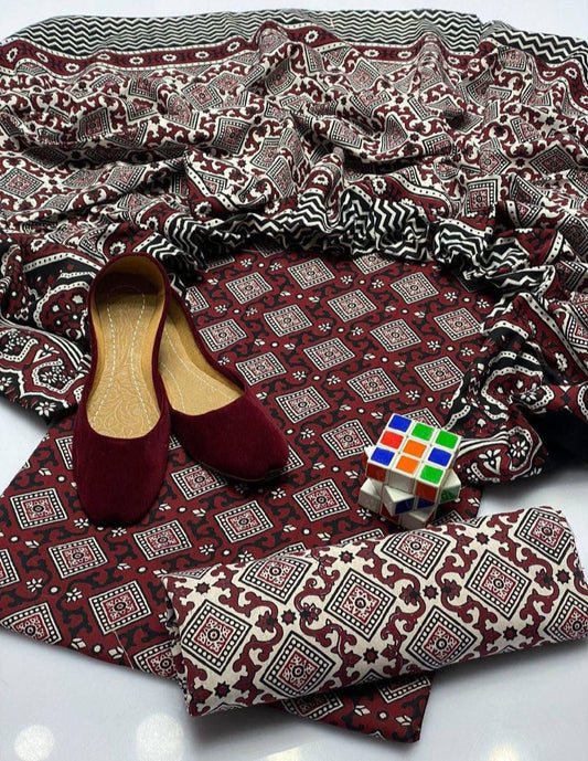 Red Ajrak  3-Piece Suit Unstitched