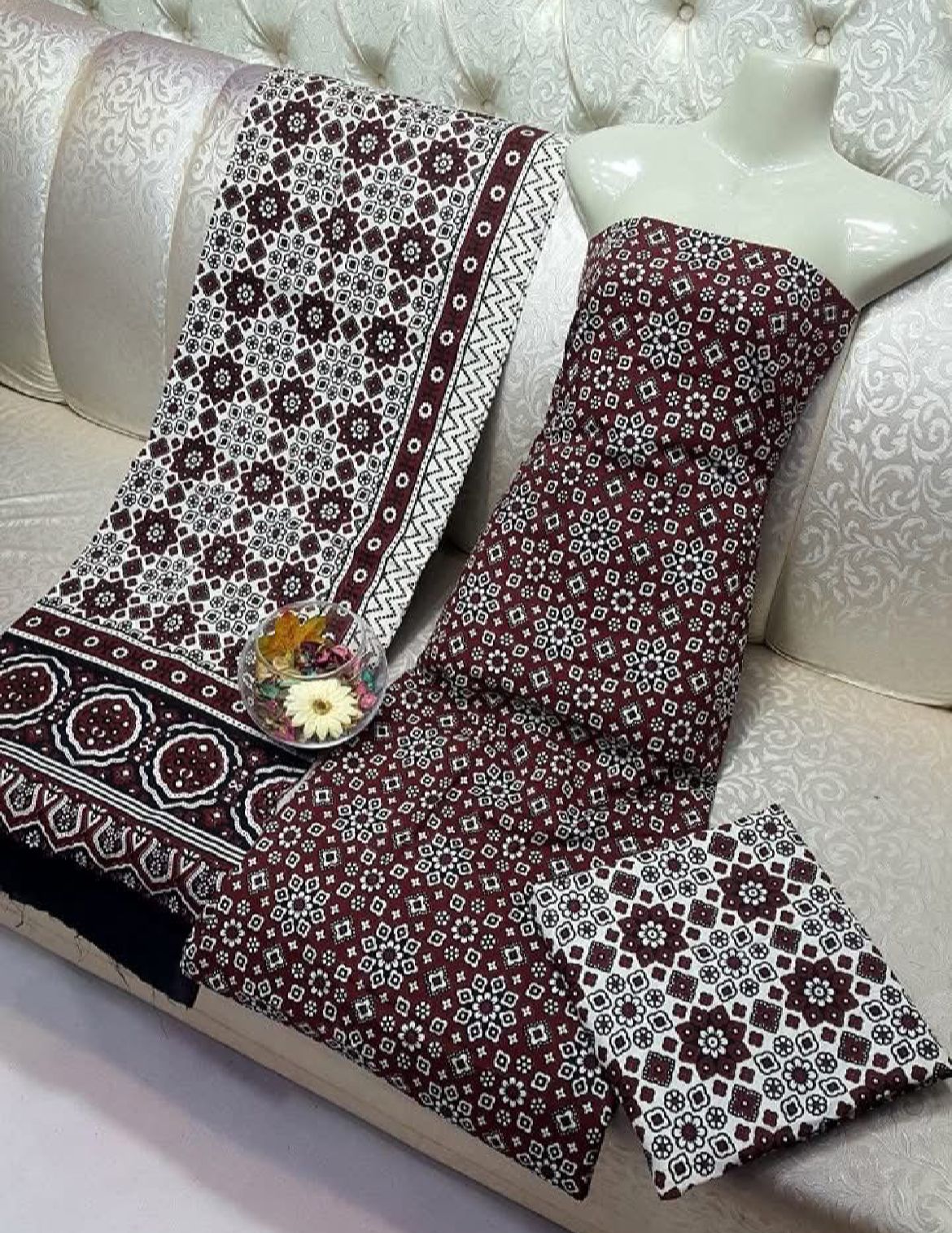 Red Ajrak  3-Piece Suit Unstitched