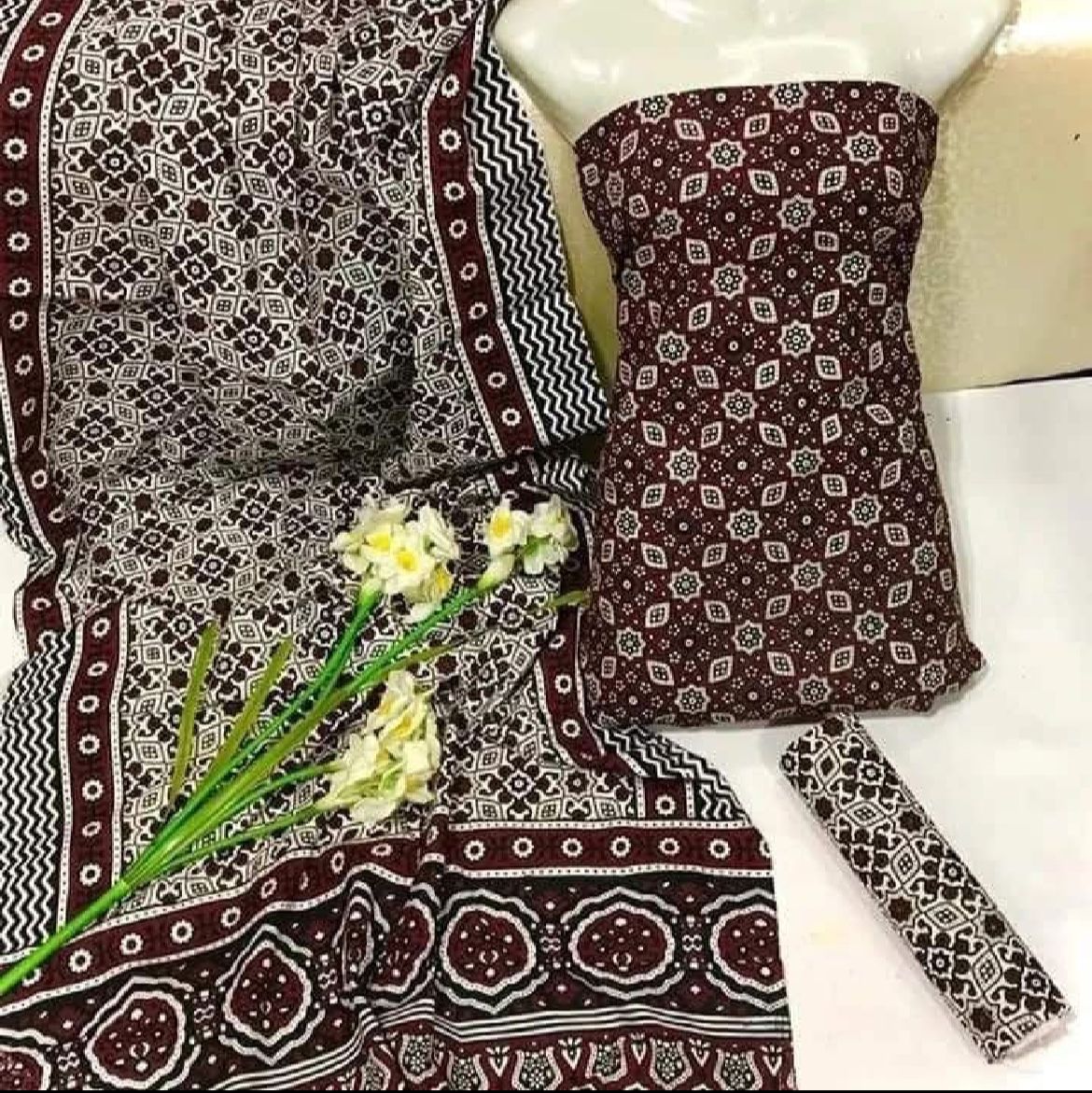 Red Ajrak  3-Piece Suit Unstitched