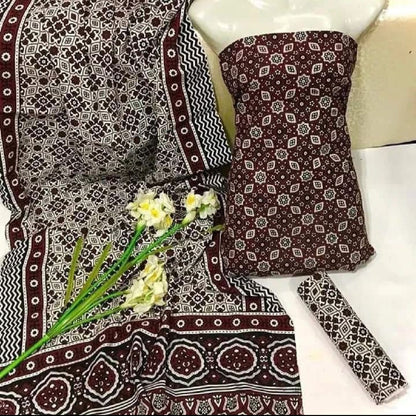 Red Ajrak  3-Piece Suit Unstitched