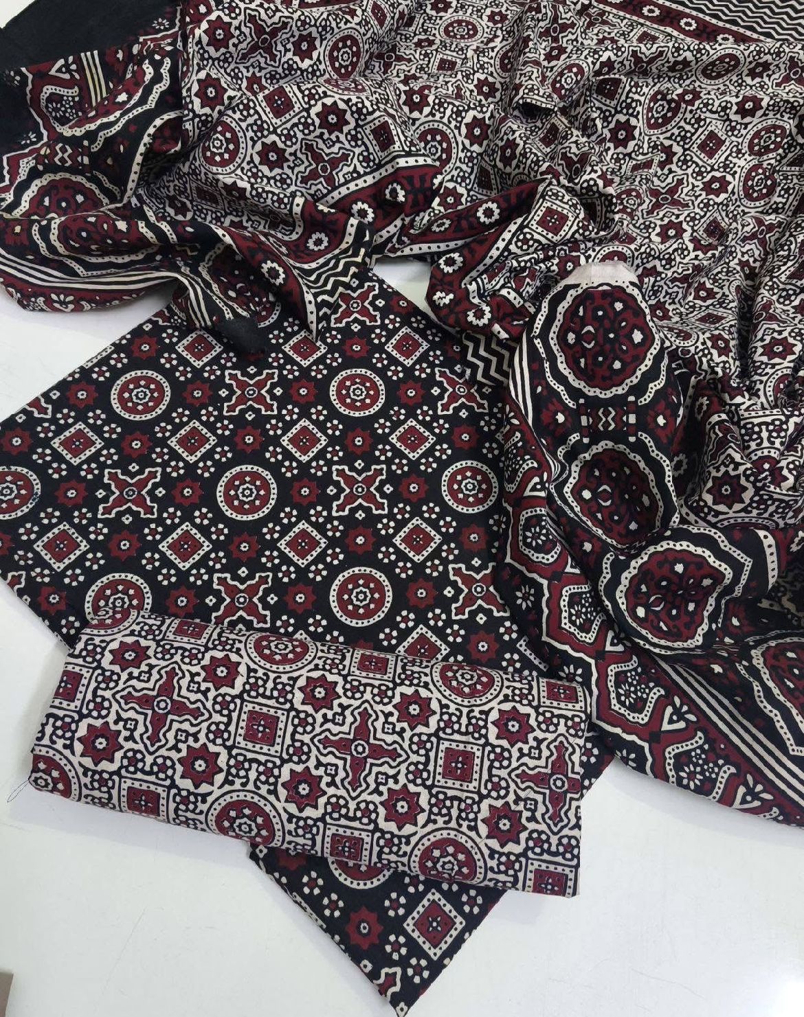 Red Ajrak  3-Piece Suit Unstitched