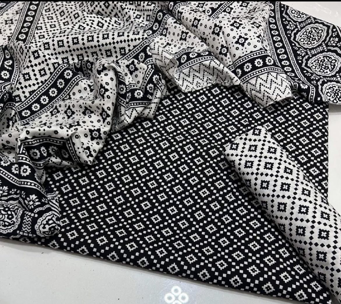 Black Ajrak  3-Piece Suit Unstitched