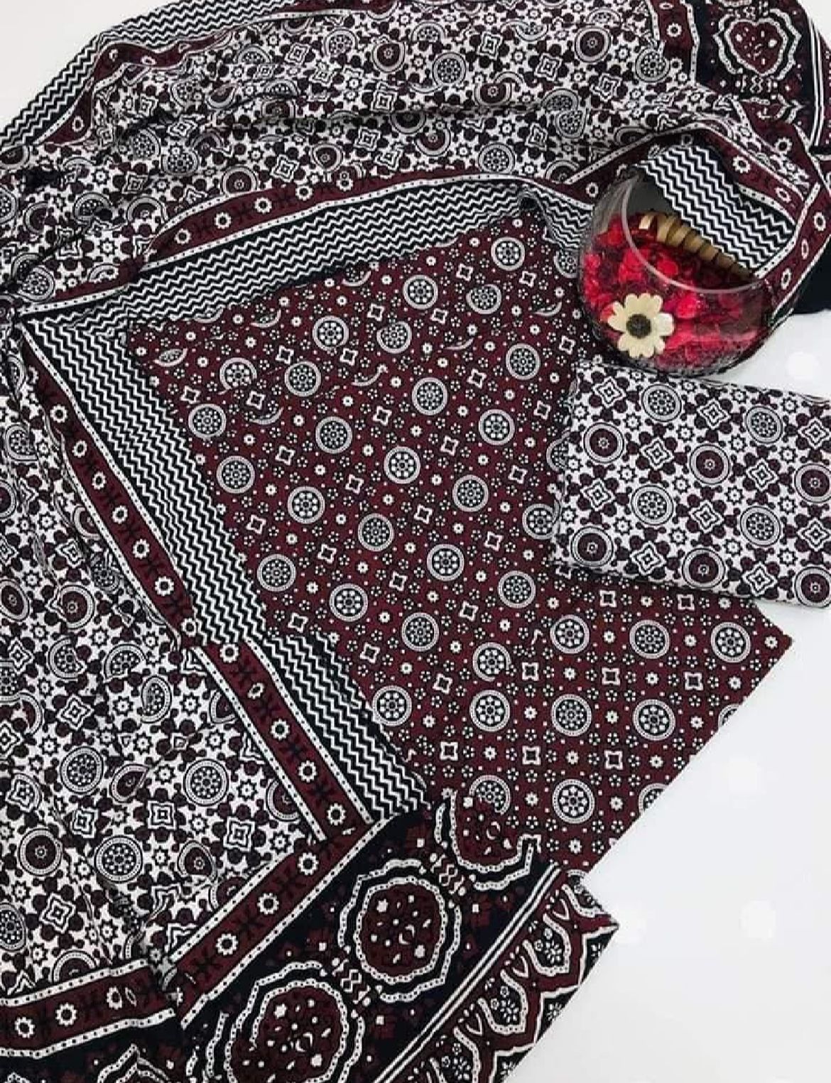 Red Ajrak  3-Piece Suit Unstitched