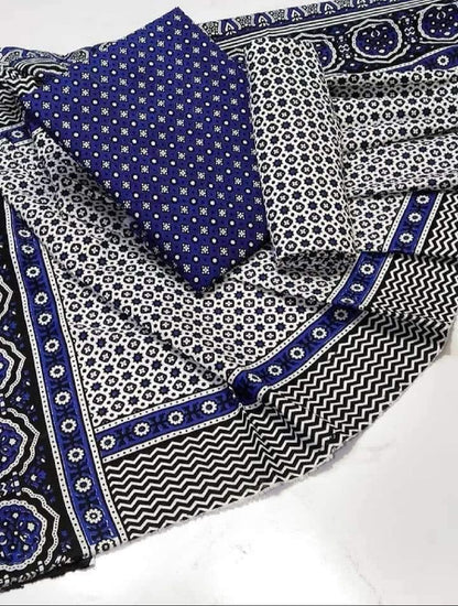 Blue Ajrak  3-Piece Suit Unstitched
