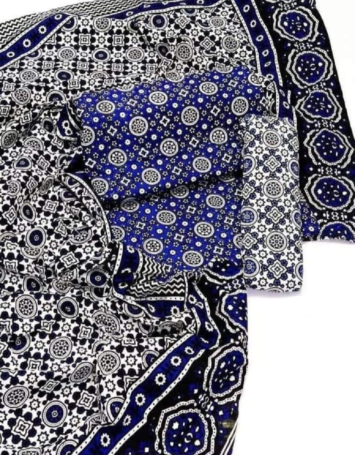 Blue Ajrak  3-Piece Suit Unstitched