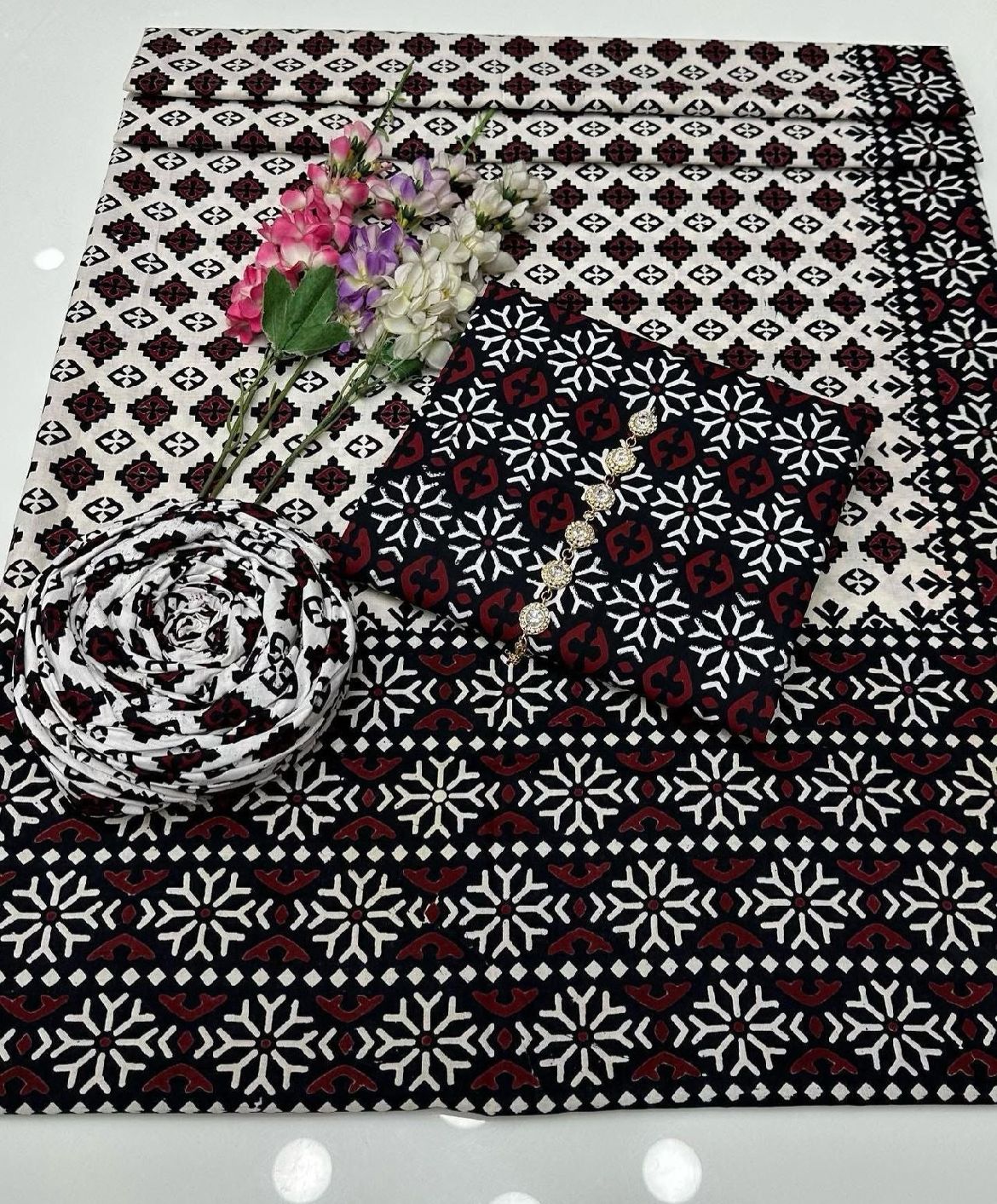 Black Ajrak  3-Piece Suit Unstitched