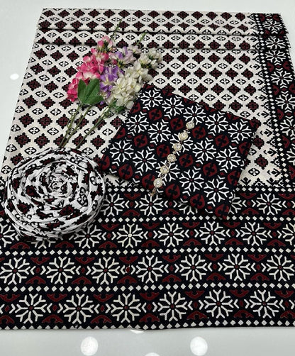 Black Ajrak  3-Piece Suit Unstitched
