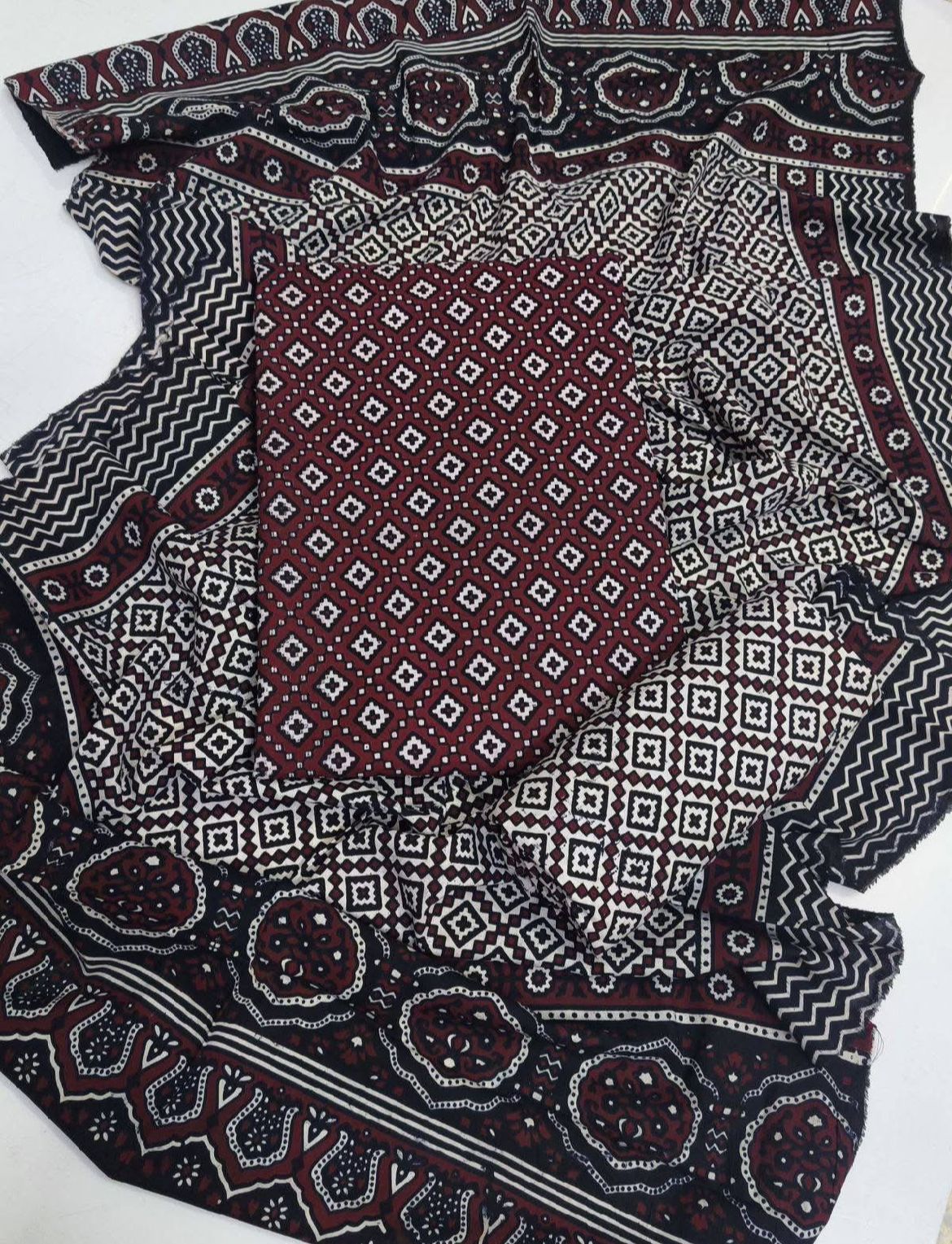 Red Ajrak  3-Piece Suit Unstitched