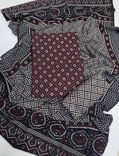 Red Ajrak  3-Piece Suit Unstitched