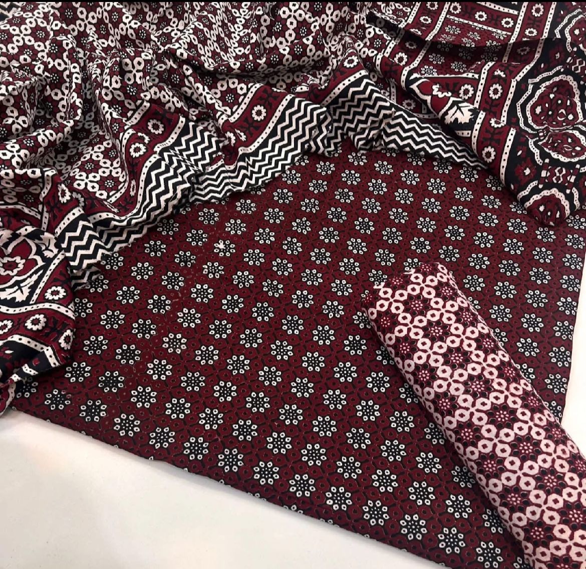 Red Ajrak  3-Piece Suit Unstitched