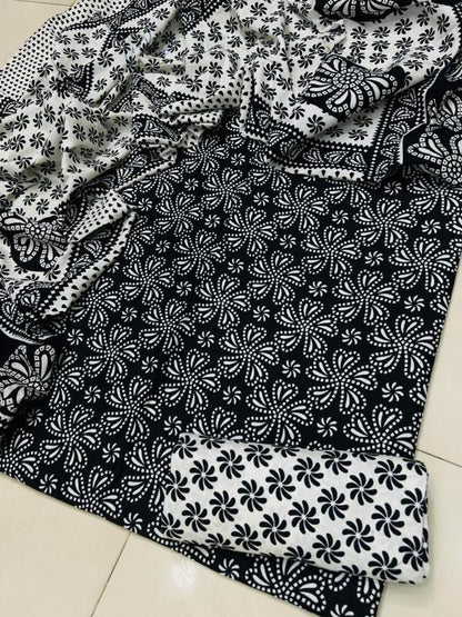 Black Ajrak  3-Piece Suit Unstitched