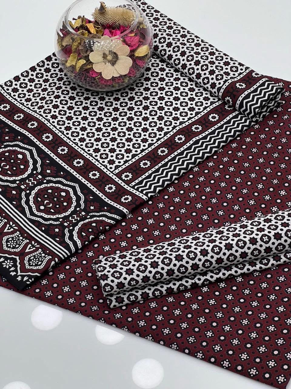 Red Ajrak  3-Piece Suit Unstitched