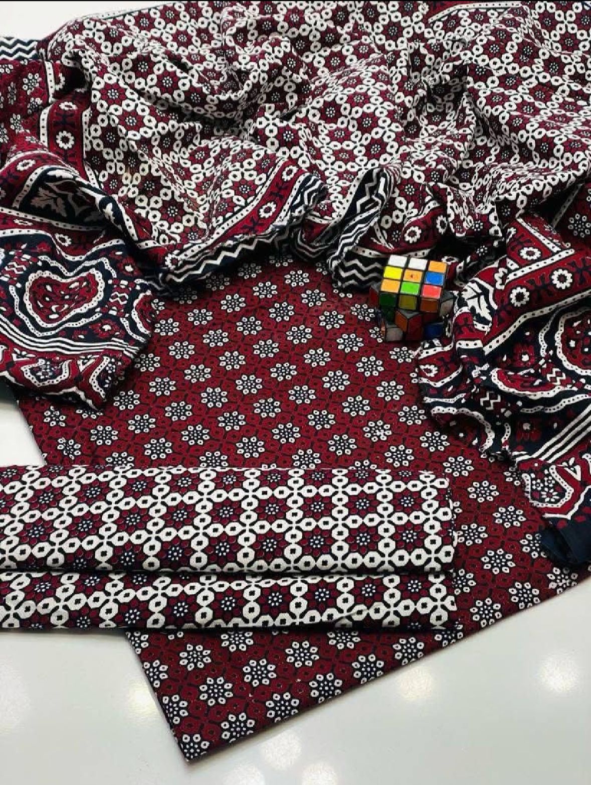 Red Ajrak  3-Piece Suit Unstitched