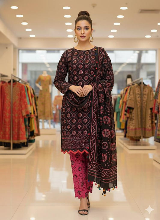 Printed Ajrak  3-Piece Suit Unstitched