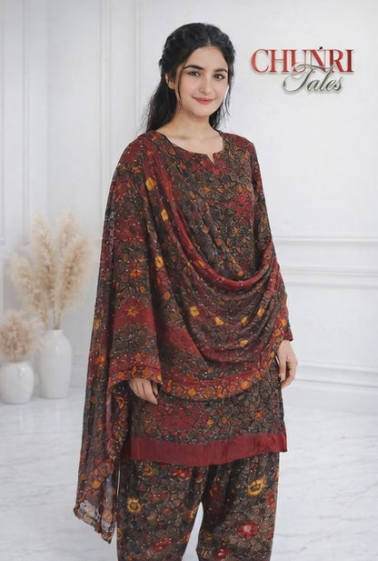 Red Marble Soft Arabic Linen 3-Piece Chunri Collection