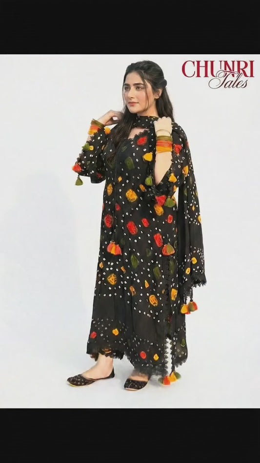 Black Soft Arabic Linen Chunri  3-Pc Dress