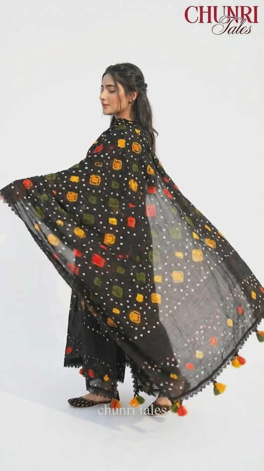 Black Soft Arabic Linen Chunri  3-Pc Dress