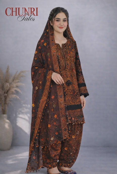 Brown Marble Soft Arabic Linen 3-Piece Chunri Collection