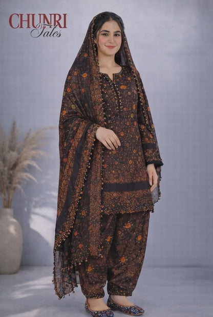 Balck Marble Soft Arabic Linen 3-Piece Chunri Collection